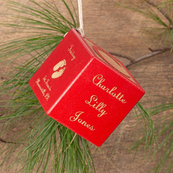 RED Baby Block Ornament - w/Script Font